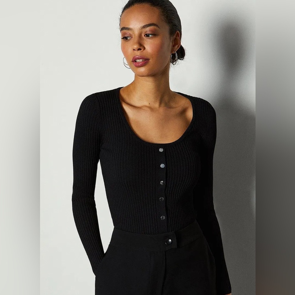 Black Ribbed Button-Up Sweater Karen Millen
